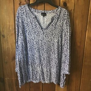 Jone New York Blue Floral Top Size 3X V Neck Long Sleeve Boho Peasant Casual